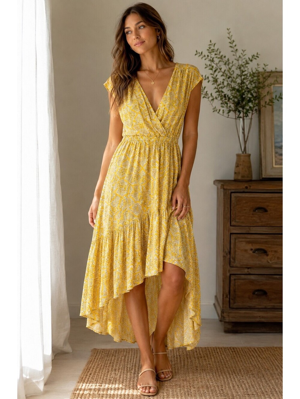 Maeve Dress Medium Anthropologie Yellow V Neck Summer Sundress Viscose Stretch